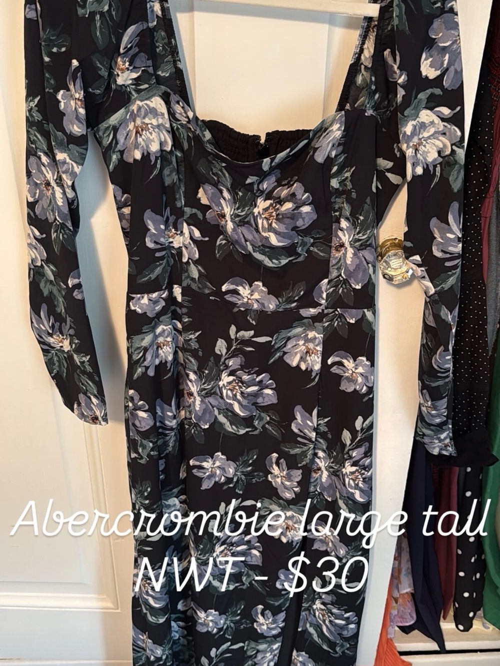 Abercrombie & Fitch Black Floral Long Sleeve Midi Dress with Blue-Cream Blooms